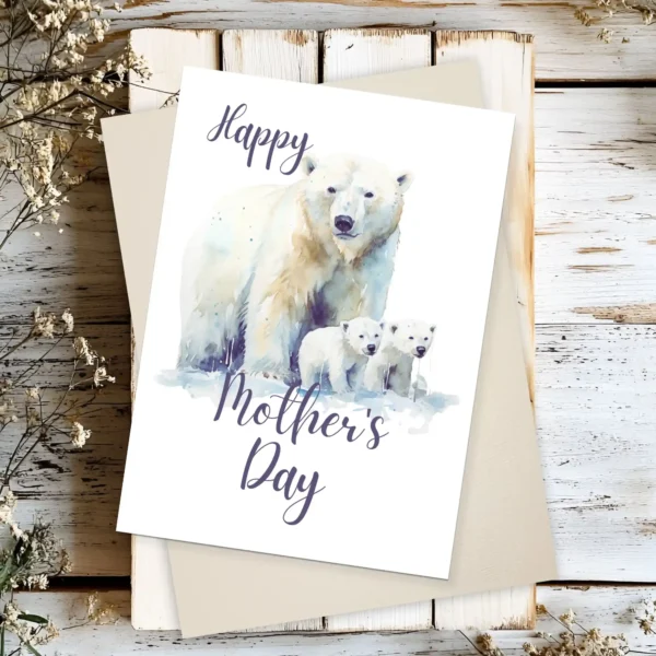 Watercolor greeting card for Mother's Day, depicting a joyful polar bear mom surrounded by her cute cubs.
