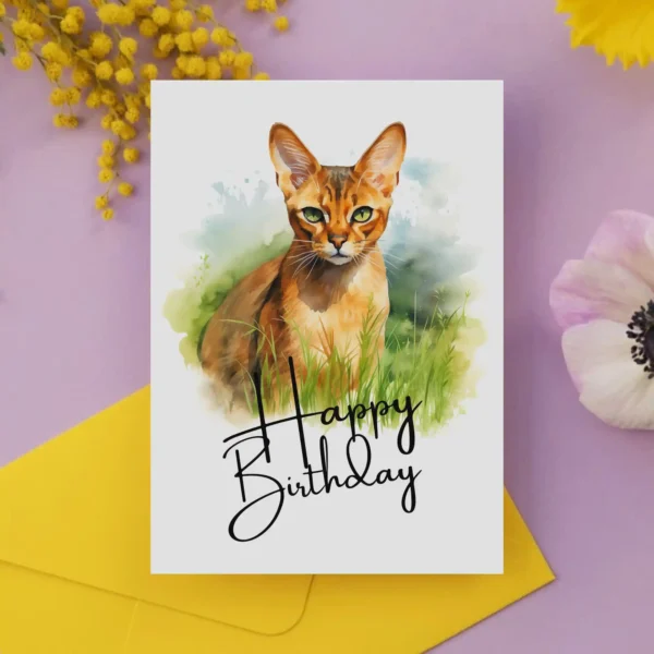 Printable birthday card with a watercolor illustration of an Abyssinian cat in nature, adorned with a "Happy Birthday" greeting.