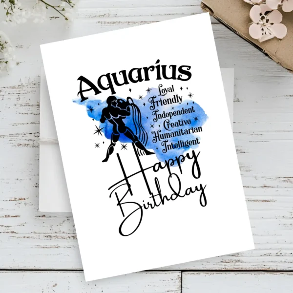 Birthday card for Aquarius featuring traits, designed with a blue watercolor background representing the air element.
