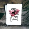 Printable Aries birthday card featuring character traits on a red watercolor background representing the fire element.