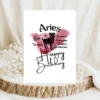 Aries birthday card with character traits, designed with a vibrant red watercolor background for the fire element.