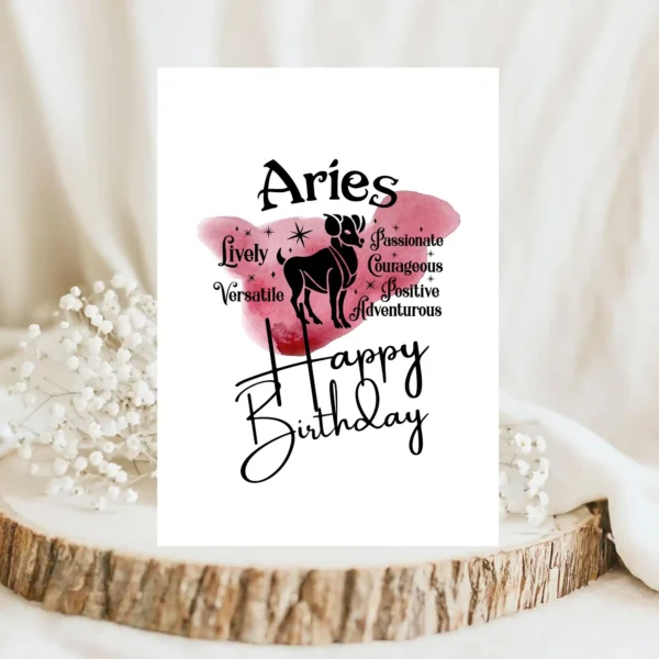 Aries birthday card with character traits, designed with a vibrant red watercolor background for the fire element.