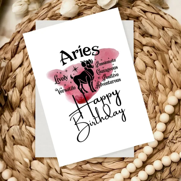 Colorful Aries birthday card showcasing character traits against a red watercolor backdrop, symbolizing the fire element.