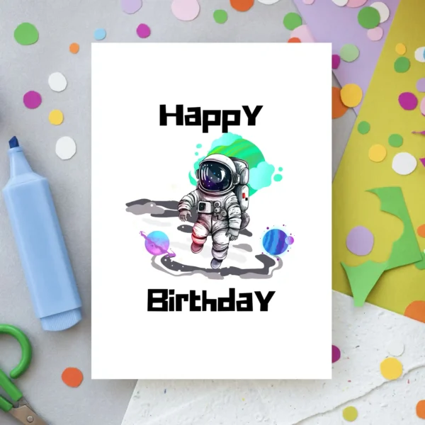 Astronaut birthday card with “Happy Birthday” message and space background