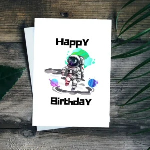 Printable kids card featuring an astronaut walking in space with planets