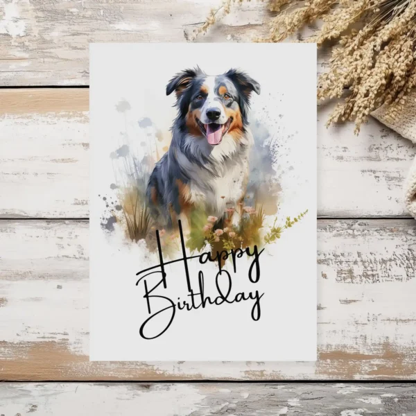 Happy birthday card for dogs, showcasing a watercolor Australian Shepherd in nature, with a festive "Happy Birthday" greeting.