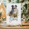 Printable birthday card for dogs, featuring a joyful Australian Shepherd in a watercolor scene with a "Happy Birthday" message.