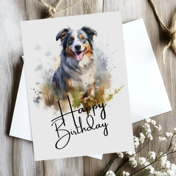 Watercolor birthday card for dogs, depicting an Australian Shepherd in a natural setting, complete with a "Happy Birthday" note.