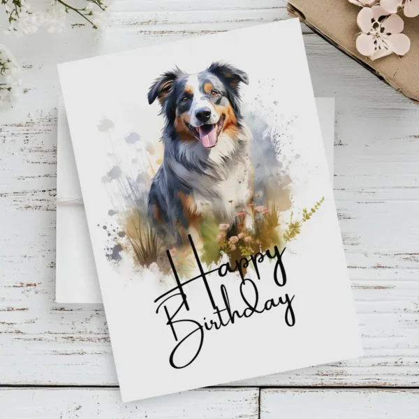 Cheerful birthday card for dogs, illustrating an Australian Shepherd in a watercolor landscape, with a "Happy Birthday" message.