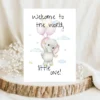 Charming new baby card featuring a baby elephant and balloons, with the text "Welcome to the world, little one!"