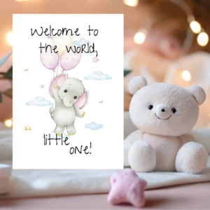 Watercolor baby elephant card with balloons, featuring the message "Welcome to the world, little one!".