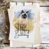 Watercolor illustration of a Balinese cat in nature, featured on a printable birthday card with a "Happy Birthday" message.
