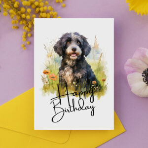 Watercolor birthday card featuring a happy Barbet dog in a natural setting with a cheerful "Happy Birthday" message.