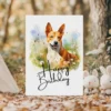 Printable Basenji dog birthday card in watercolor style, set in nature, featuring a vibrant "Happy Birthday" message.