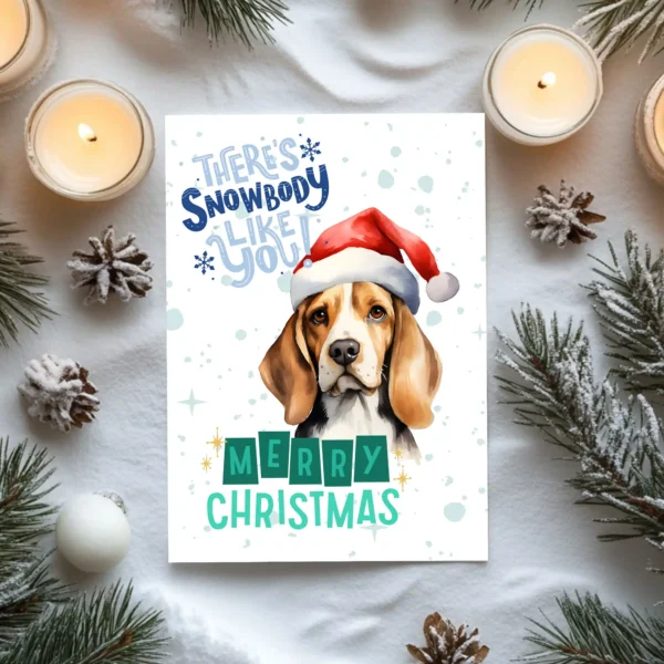 Cute Beagle wearing a Santa hat in a snowy scene with “Merry Christmas” and playful holiday message