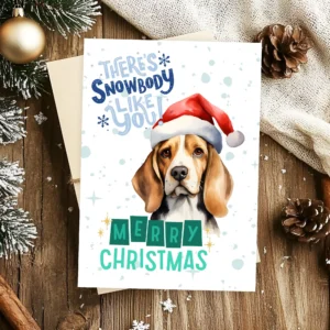 Beagle-themed printable Christmas card with winter background and cheerful greeting