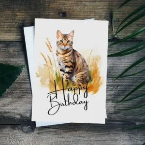 Watercolor illustration of a Bengal cat in nature, featured on a printable birthday card with a "Happy Birthday" message.