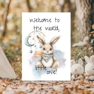 Charming bunny new baby card with a cute bunny and the phrase "Welcome to the world, little one!" in soft colors.