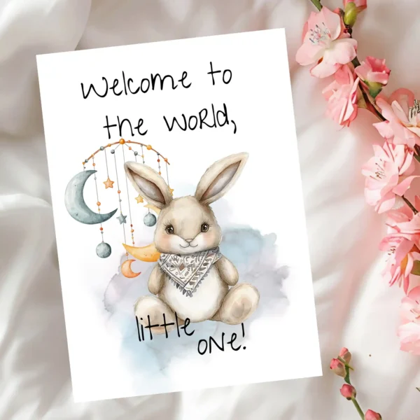 Cute watercolor bunny card with the message "Welcome to the world, little one!" for a new baby celebration.
