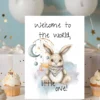Adorable boho bunny card featuring "Welcome to the world, little one!" perfect for welcoming a new baby.