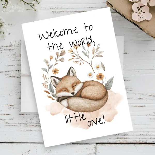 Cute watercolor card for a new baby, featuring a sleepy fox and floral designs, saying: "Welcome to the world, little one!"