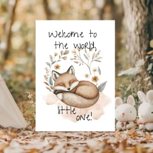 Adorable new baby card with a sleepy fox and floral accents, featuring the message: "Welcome to the world, little one!"