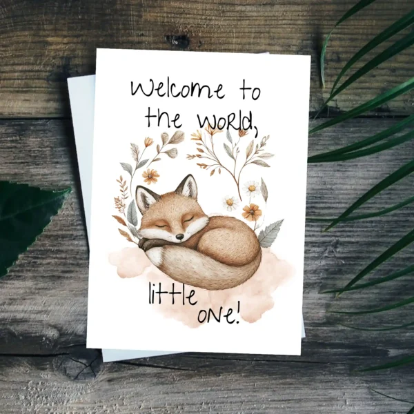Sleepy boho fox new baby card in watercolor style, adorned with flowers and the message: "Welcome to the world, little one!"