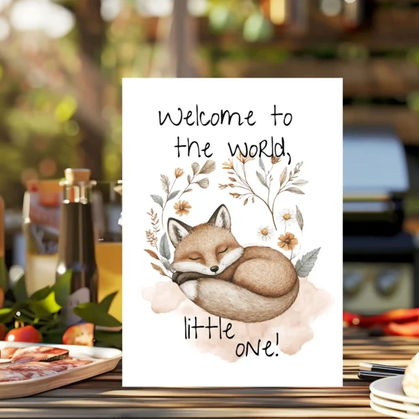 Printable birth card for a baby, showcasing a sleepy boho fox and flowers, with the text: "Welcome to the world, little one!"
