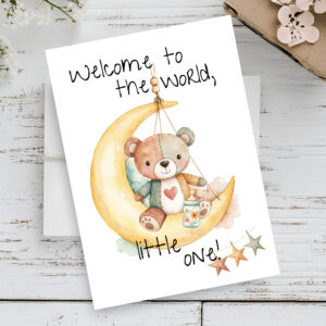 Adorable watercolor card with a teddy bear on the moon, saying, "Welcome to the world, little one!" for new baby greetings.