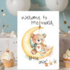 Cute teddy bear on the moon illustration with the text, "Welcome to the world, little one!" for a new baby card.