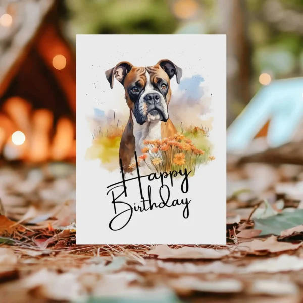 Charming watercolor card of a boxer dog in nature, celebrating with a "Happy Birthday" message for dog lovers.