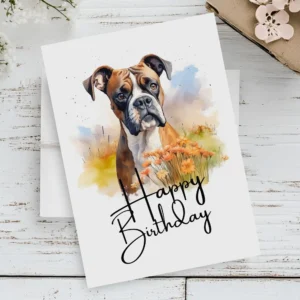 Festive birthday card with a watercolor boxer dog in a natural scene, complete with a joyful "Happy Birthday" note.