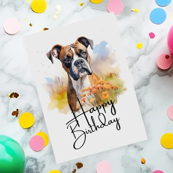 Delightful printable card featuring a boxer dog in a tranquil setting, highlighting a "Happy Birthday" wish.