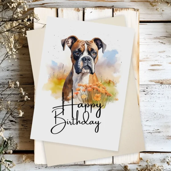 Printable birthday card showcasing a boxer dog in a serene landscape, adorned with a "Happy Birthday" greeting.