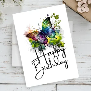 Printable birthday card featuring a colorful butterfly in watercolor, perfect for sharing joy on someone's special day.
