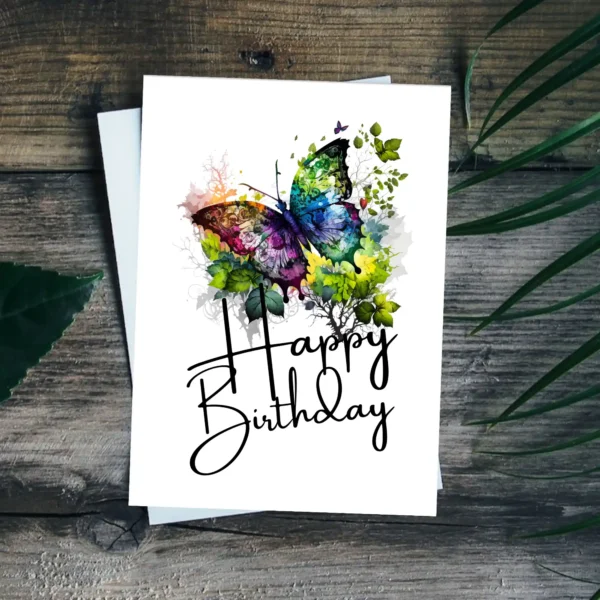 Happy birthday card adorned with a vibrant butterfly, designed in watercolor, celebrating joy and nature's charm.