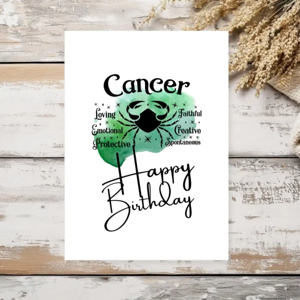 Cancer birthday card with character traits, designed with a green watercolor background symbolizing the water element.
