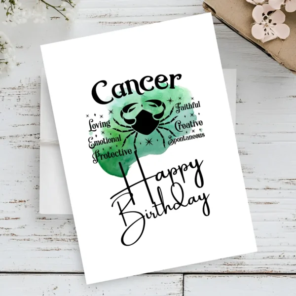 A printable birthday card for Cancer, showcasing character traits against a soothing green watercolor background.