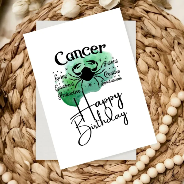 Cancer-themed birthday card featuring character traits, set on a serene green watercolor background representing water.