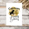 Printable Capricorn birthday card displaying character traits, featuring a bright yellow watercolor background for earth element.