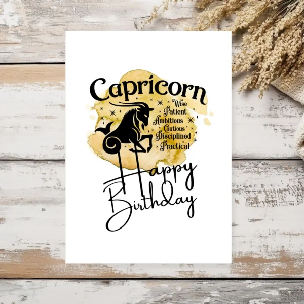 Printable Capricorn birthday card displaying character traits, featuring a bright yellow watercolor background for earth element.