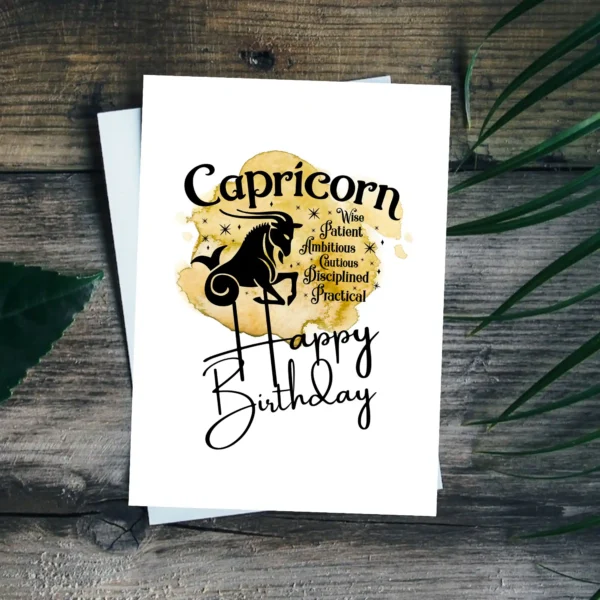 Printable Capricorn birthday card featuring character traits on a yellow watercolor background for the earth element.