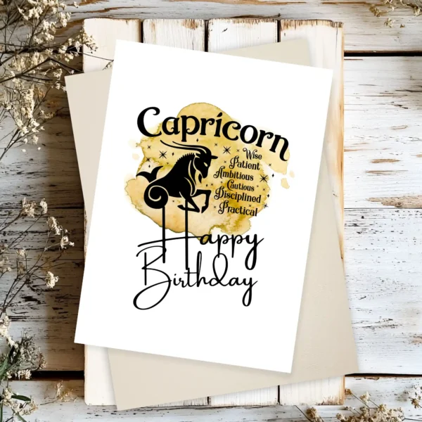 Capricorn birthday card with traits listed, set against a cheerful yellow watercolor background representing earth.