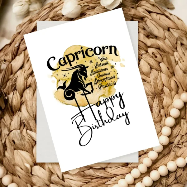 A vibrant Capricorn birthday card showcasing character traits on a sunny yellow watercolor backdrop for earth signs.