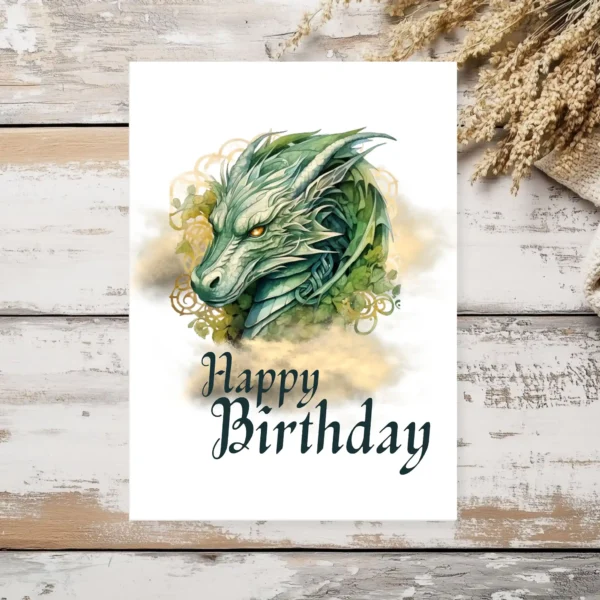 A festive birthday card with a dragon head and "Happy Birthday" text, set against a golden cloud backdrop.