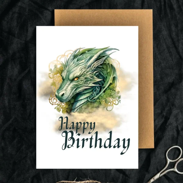 Birthday card featuring a green dragon head with "Happy Birthday" on a golden cloud background.