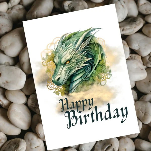 Printable birthday card with a green dragon head and "Happy Birthday" text over a bright golden cloud design.