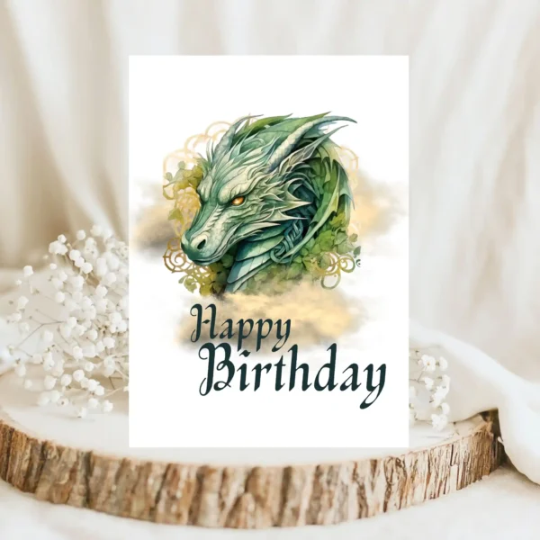 Whimsical birthday card displaying a dragon head and "Happy Birthday" on a sunny golden cloud background.