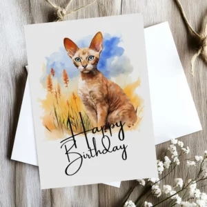 Watercolor birthday card showcasing a Cornish Rex cat in a serene setting, complete with a joyful "Happy Birthday" message.