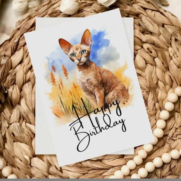 Delightful watercolor illustration of a Cornish Rex cat on a birthday card, set in nature with a "Happy Birthday" note.